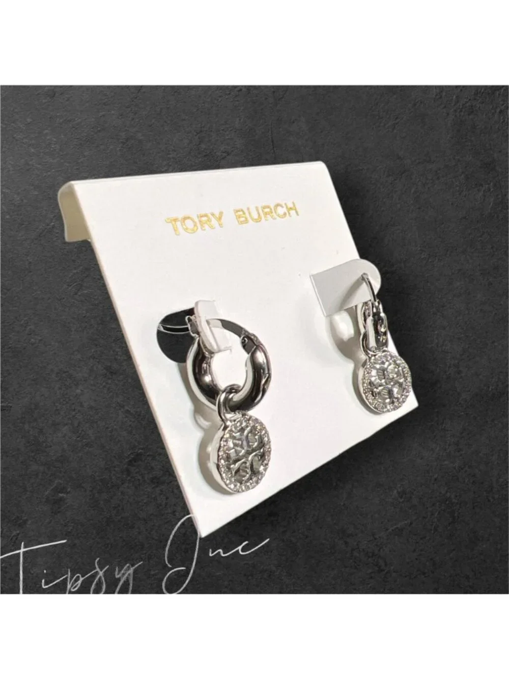 Tory Burch Silver Mille Pave Hoop/Huggie Earrings